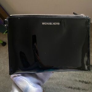michael kors black patent leather zippered pouch makeup bag